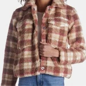 Alec Les Files Plaid Faux Shearling Trucker Crop Shacket